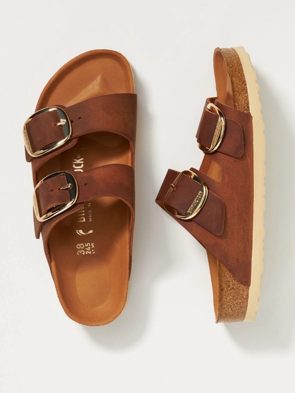 Birkenstock Arizona Two-Strap Sandals in cognac with Gold Buckles